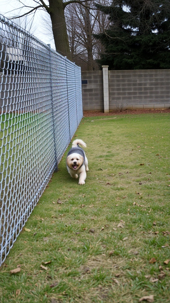 A dog running along a chain link fence in a grassy yard.