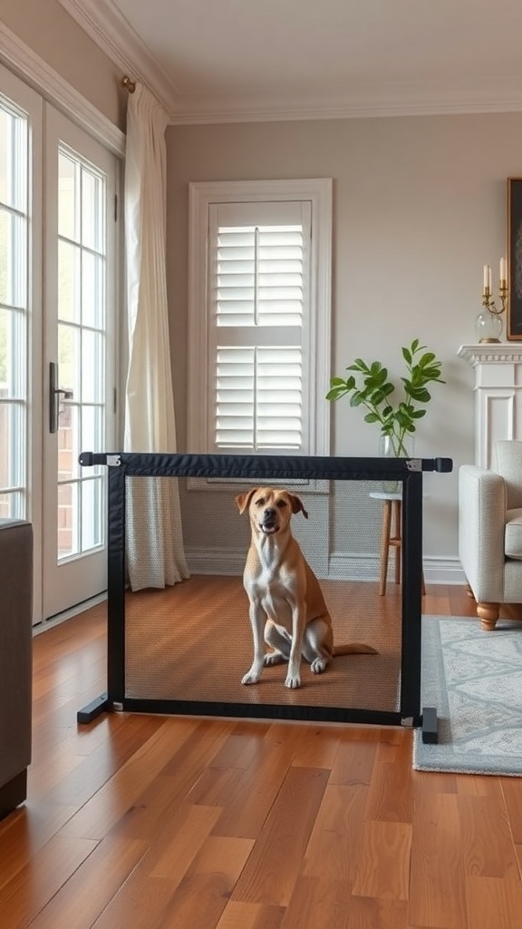 A retractable dog barrier in a cozy living room with a dog sitting behind it.