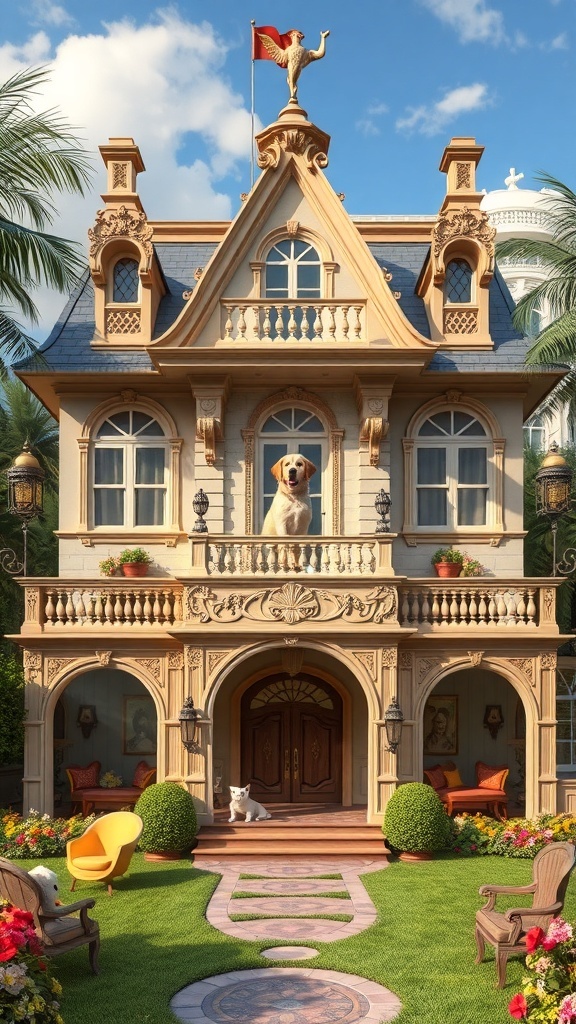 A luxurious dog mansion with intricate architecture, a dog on the balcony, and a beautiful garden.
