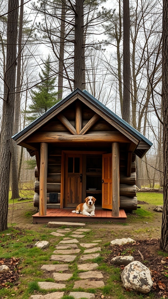 A rustic log cabin dog house with a dog sitting on the porch, surrounded by trees and a stone pathway.