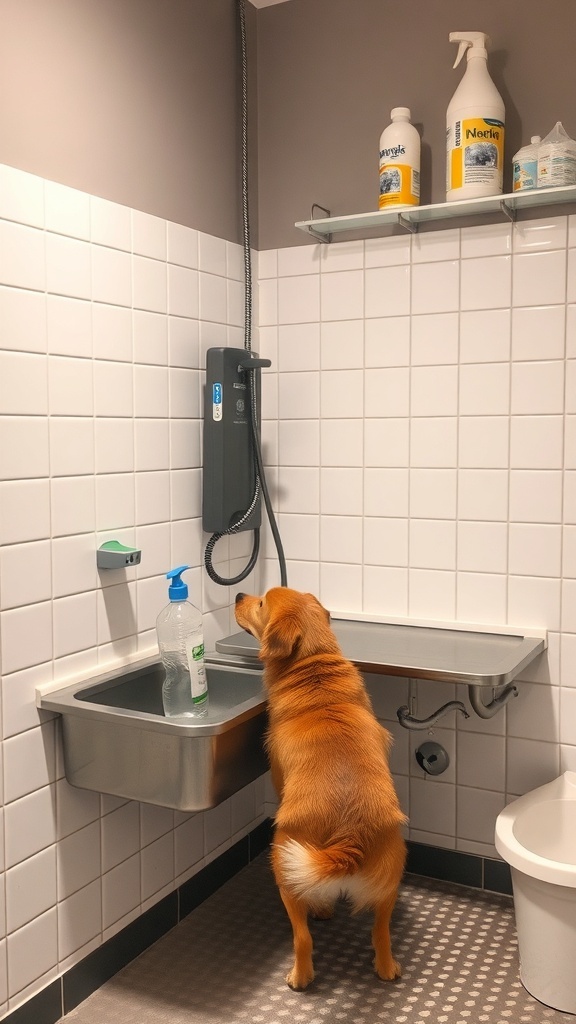 A dog standing in front of a washing station in a laundry room, with cleaning supplies on a shelf.