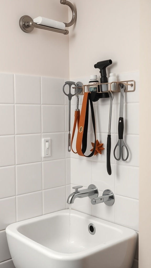 A dog washing station in a laundry room featuring grooming tools like scissors and brushes organized on the wall, with a spacious sink and a towel rack.
